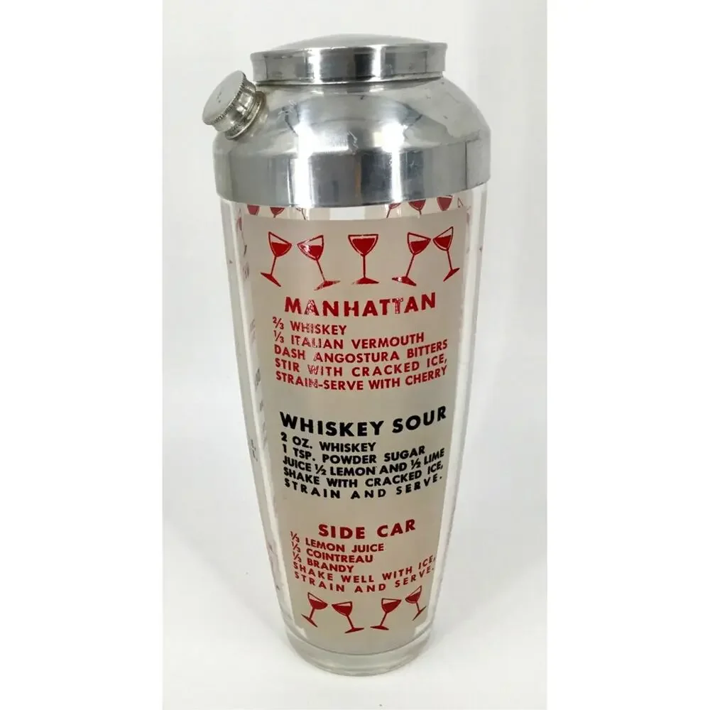 Vintage Glass Cocktail Recipe Shaker MCM Aluminum Lid Retro Barware 9.5